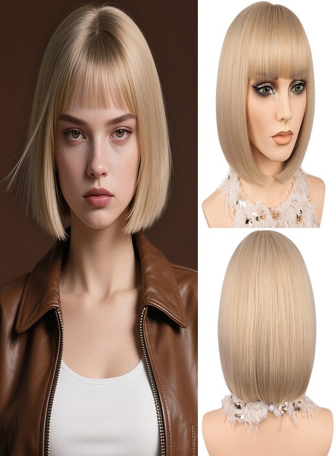 MAYSA Blonde Bob Wig with Bangs for Women, Short Straight Bob Wigs, Synthetic Natural Looking Daily Party Wigs # Gloden Blonde mix Platinum Blonde - Image 1